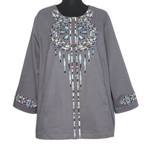 Bob Mackie Wearable Art Gray Embroidered Southwest Blazer Jacket Metallic